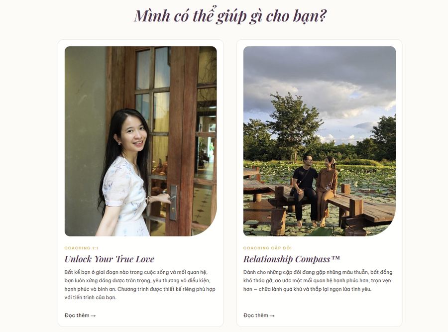 Trang chủ thuynguyencoaching.com - phần dịch vụ Unlock Your True Love va Relationship Compass